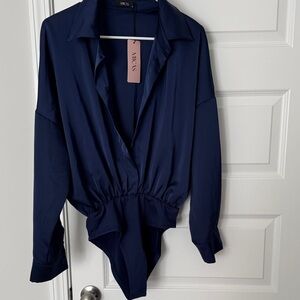 Micha Navy Long-Sleeve Wrap-Front Bodysuit